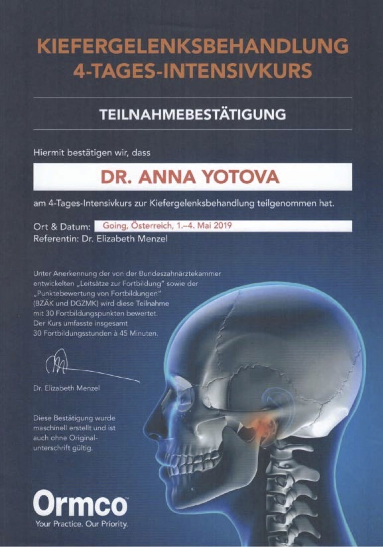 Expertin Kiefergelenksdiagnostik Anna Yotova Zertifikat Teilnahme Köln Spezialistin Kiefergelenksbehandlung CMD Köln Dr. Yotova Zertfikat