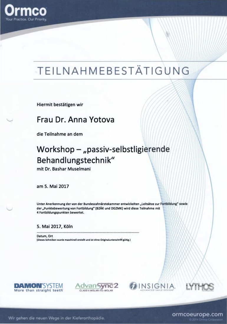 Workshop Passiv-selbstlegierende Behandlungstechnik Abschlusszertifikat Dr. Anna Yotova Köln