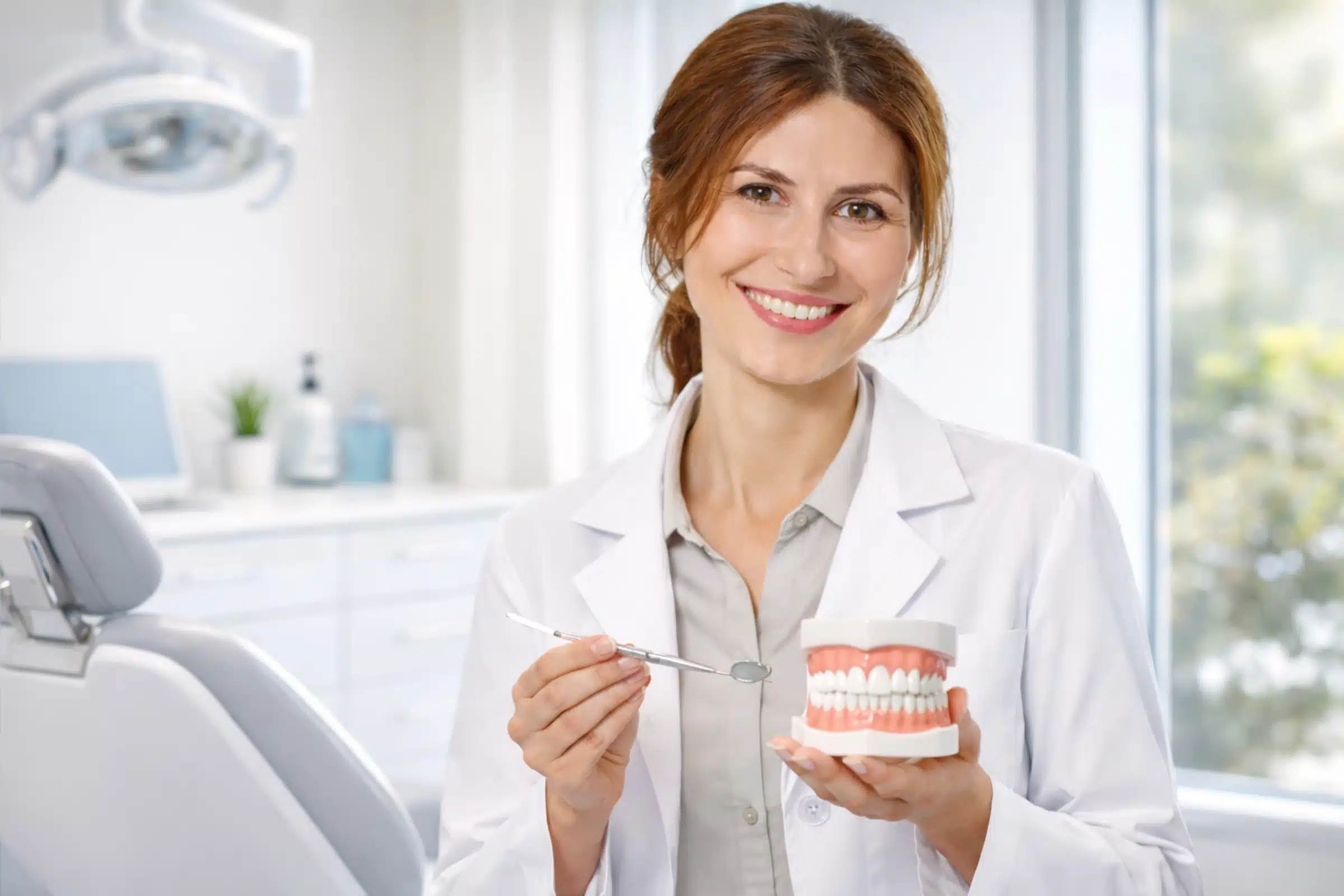 Lächelnde Frau mit Zahnmodell erläutert das Thema Bio-Ästhetik in Köln